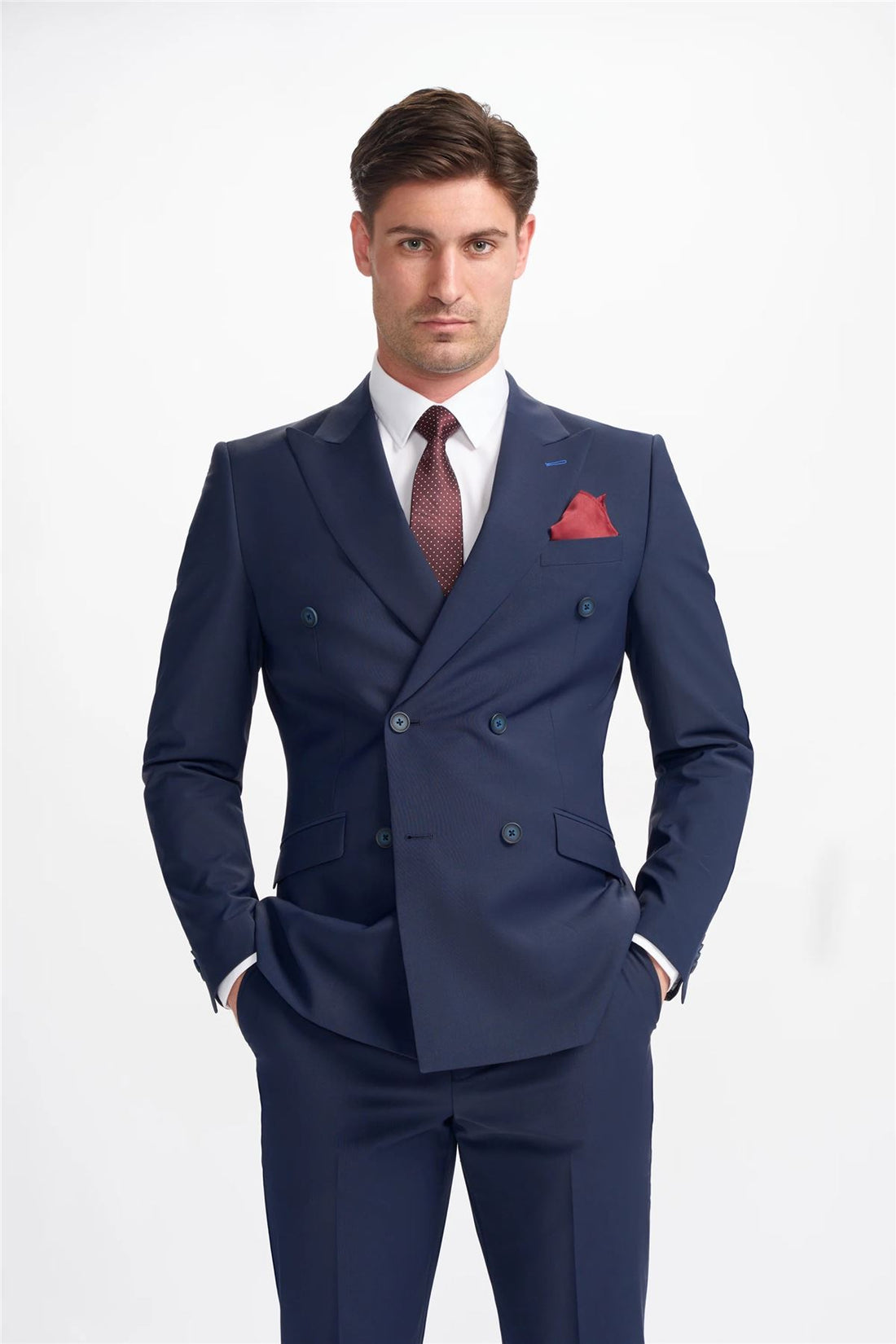 Men's Suit Navy Blue 2 Piece Double Breasted Tailored Fit Formal Wedding Dress