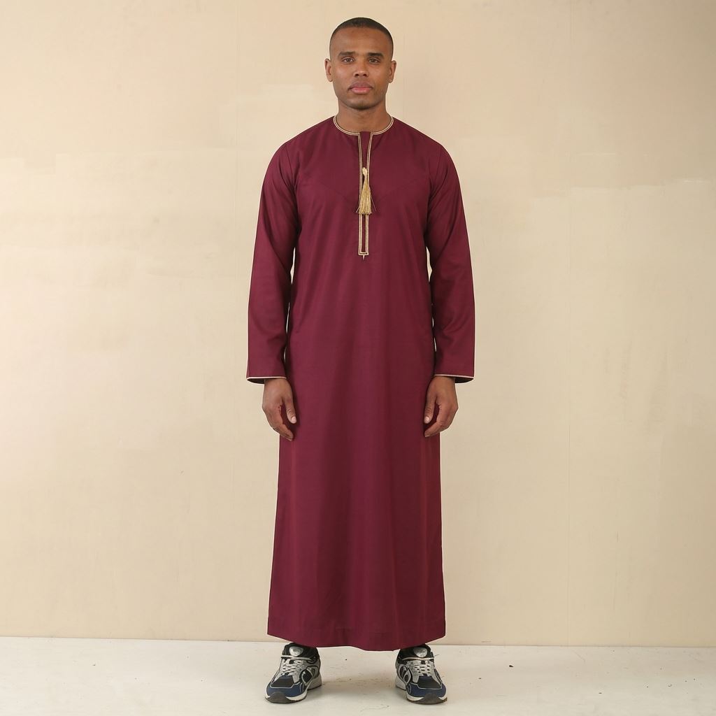 TT-003 - Men's Wine Emirati Omani Tassel Embroidery Thobe