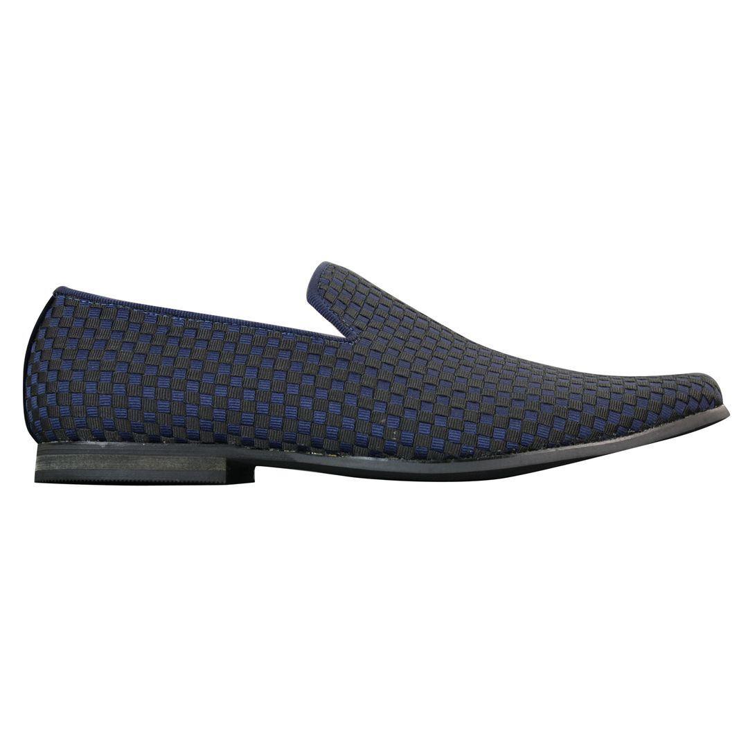 Mens Textured Slip On Black Blue Check Shoes Smart Casual Formal Italian Design - Knighthood Store