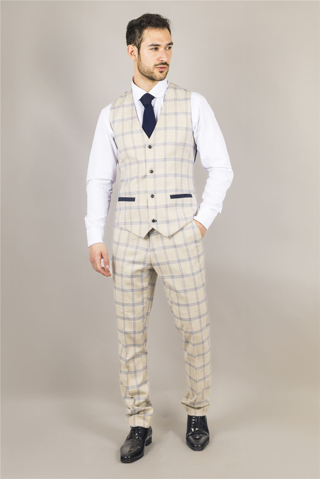 Men's Waistcoat Beige Checked Tailored Fit Vest