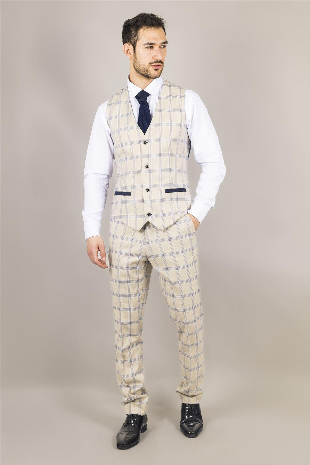 Men's Waistcoat Beige Checked Tailored Fit Vest - Knighthood Store