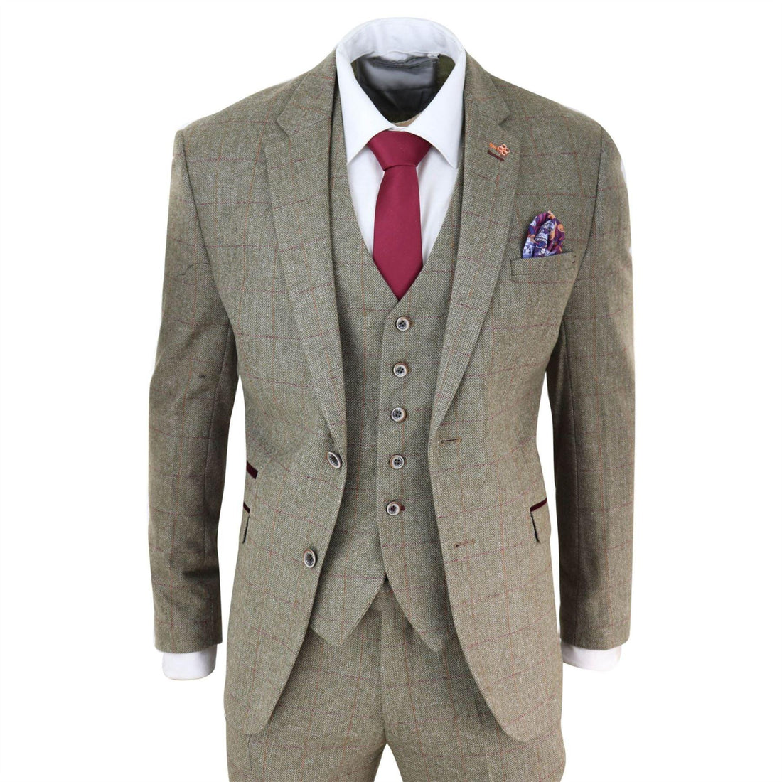 Mens Tweed Check Olive Green Wine Suit Tailored Fit Wedding - Knighthood Store