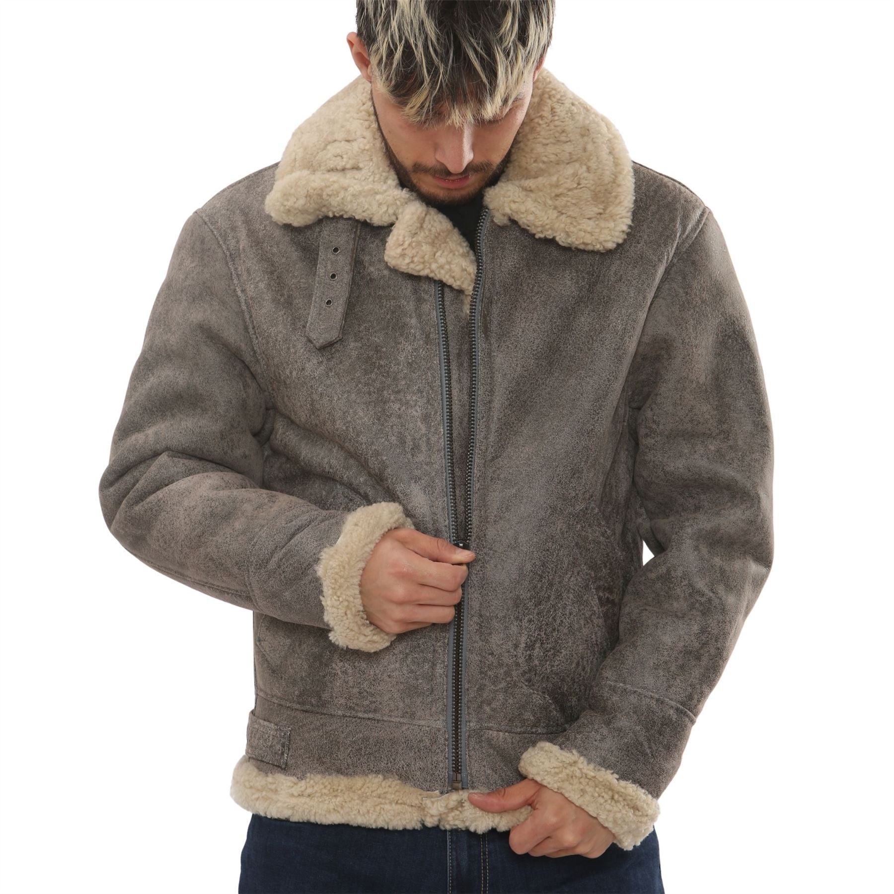 Men's Grey Shearling Leather B3 Aviator Bomber Jacket