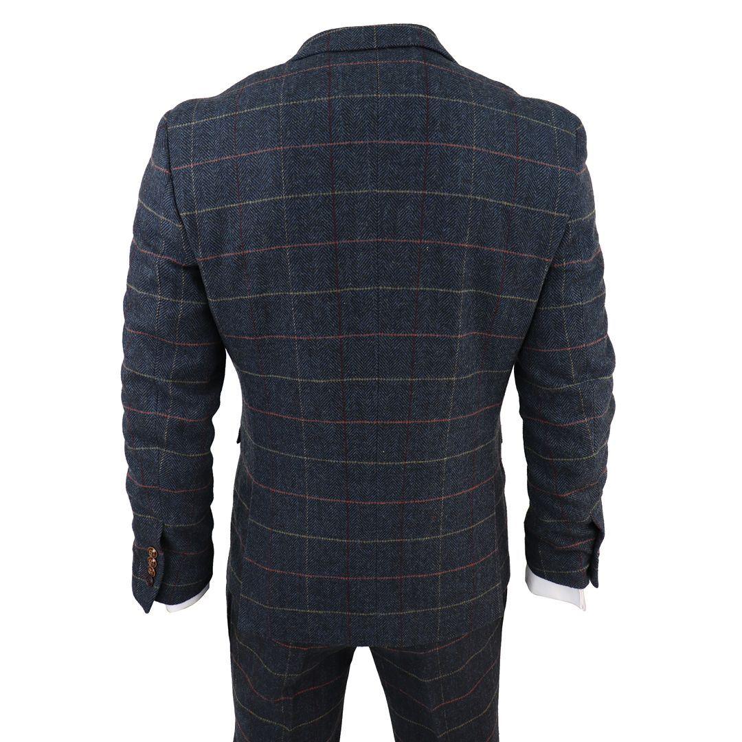 Mens Navy Blue 3 Piece Suit Herringbone Tweed Checked Formal Dress Suits - Knighthood Store