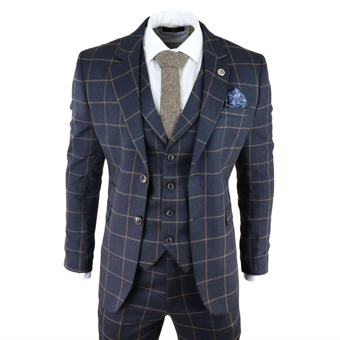 Mens Herringbone Tweed Navy Blue Check 3 Piece Wool Suit Tan - Knighthood Store