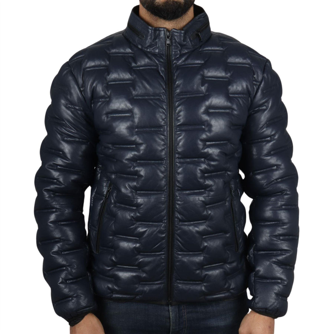 Men's Puffer Quilted Real Leather Jacket Casual Waist Length - Knighthood Store