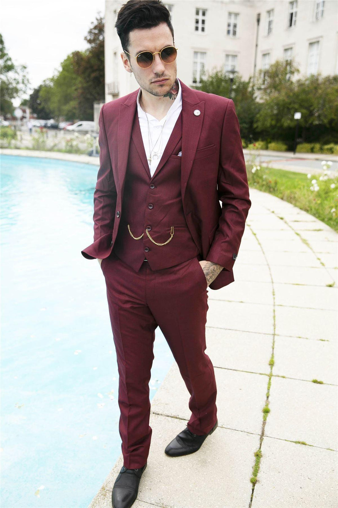 Mens 3 Piece Suit Maroon Tailored Fit Smart Formal 1920s Classic Vintage Gatsby - Knighthood Store