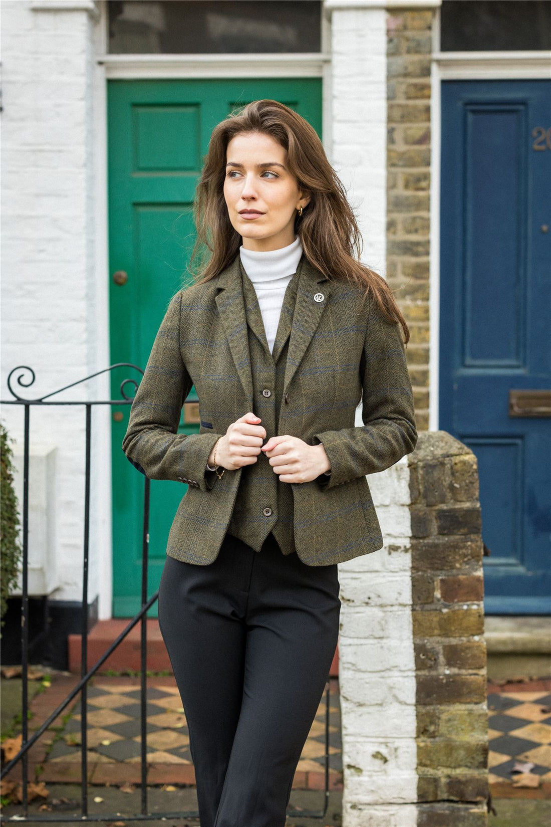 Women's Olive Green Wool Blend Tweed Herringbone Checkered Blazer Waistcoat