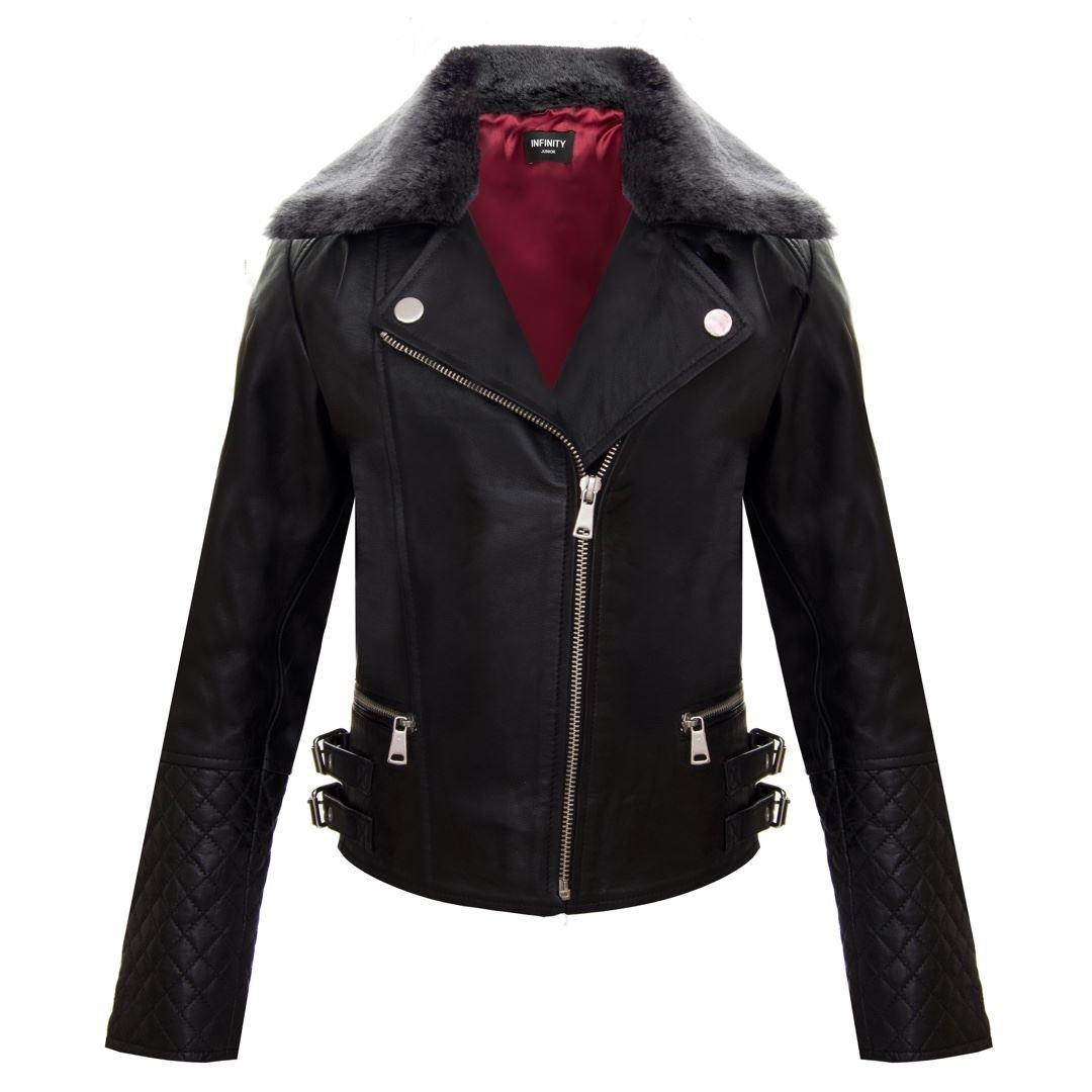 Girls Kids Real leather Biker Style Jacket Cross Zip Black Fur Collar Age 1 - 13 - Knighthood Store