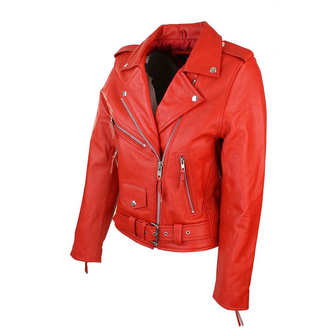 Ladies Women Classic Brando Biker Motorcycle Motorbike Hide Leather Jacket - Knighthood Store