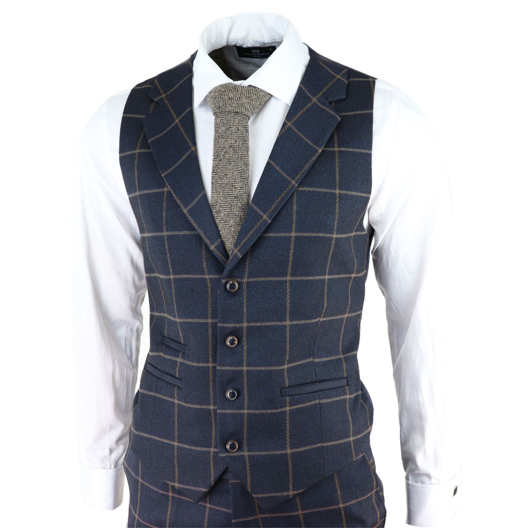 Mens Herringbone Tweed Navy Blue Check 3 Piece Wool Suit Tan - Knighthood Store