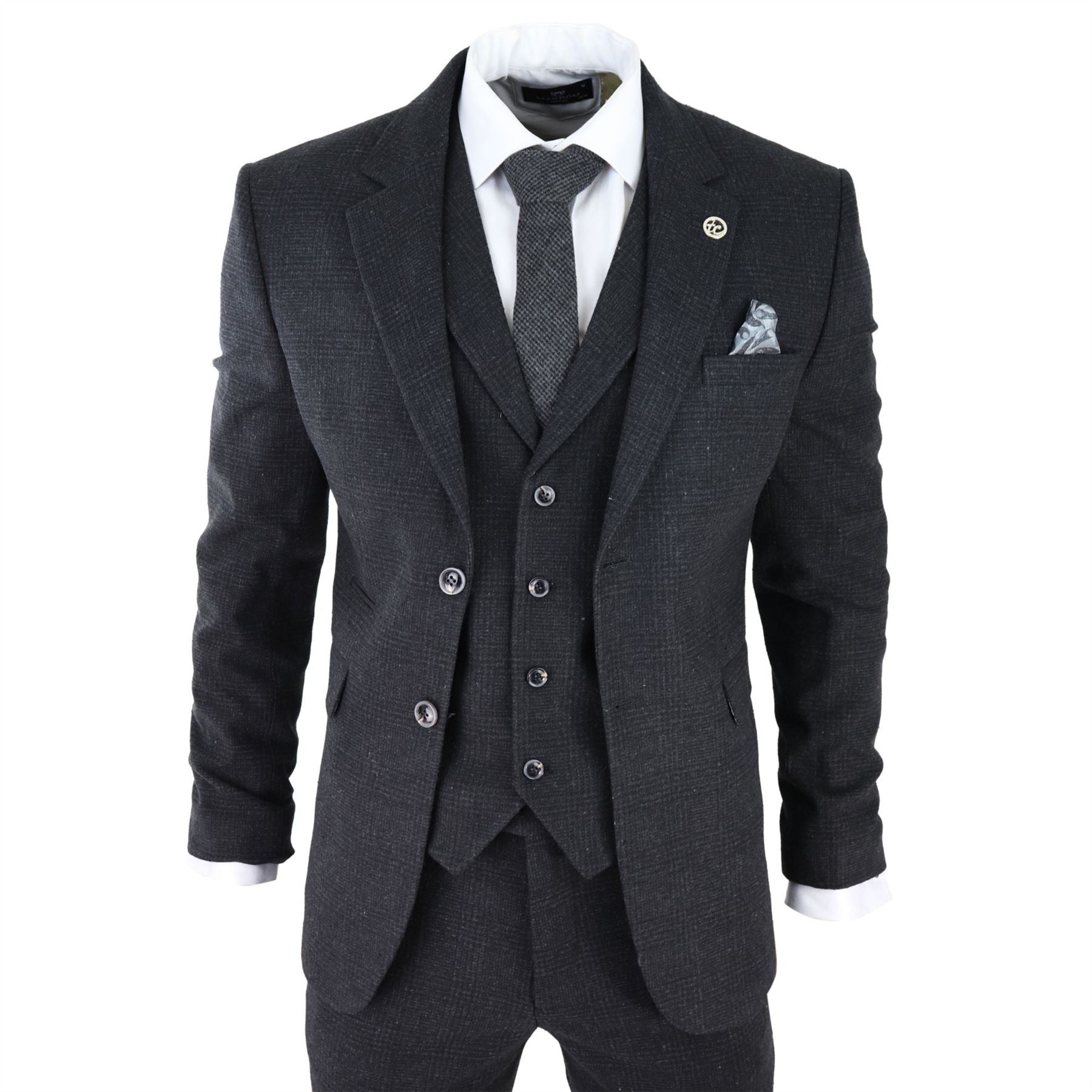 Mens Black Tweed 3 Piece Suit Check Vintage 1920s Gatsby Blinders Tailored Fit