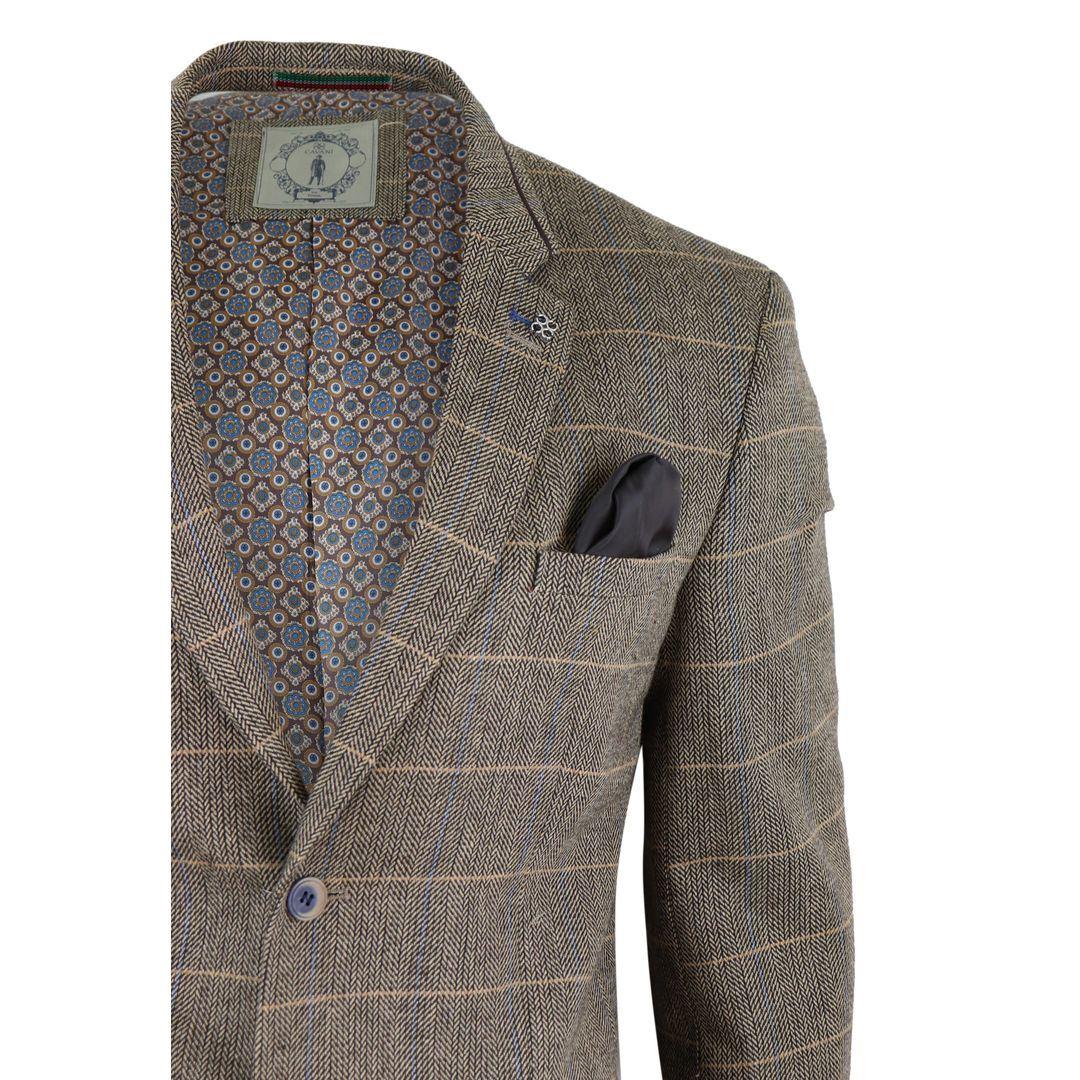 Mens Tweed Herringbone Check Grey Navy Brown Vintage Fit Blinders Blazer - Knighthood Store