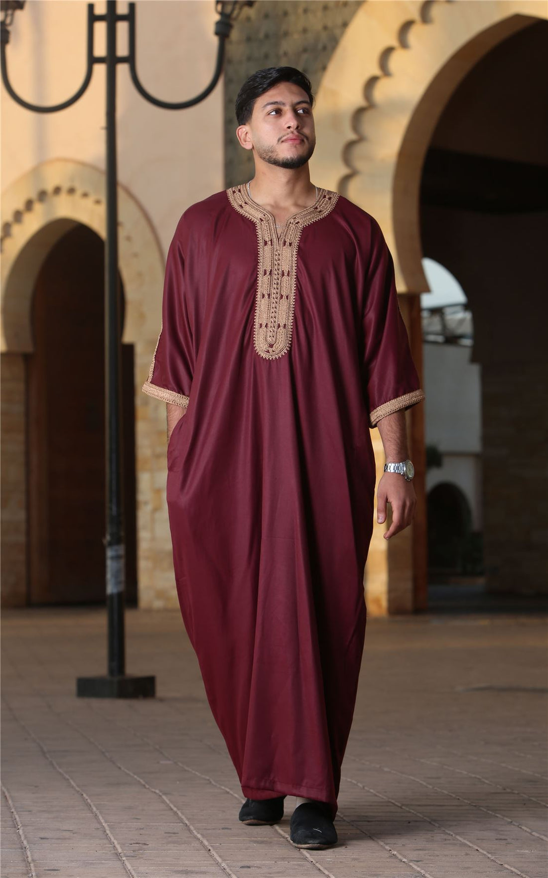 Men's Marron Moroccan Thobe Short Sleeve Gandoura Gold Embroidery Kaftan