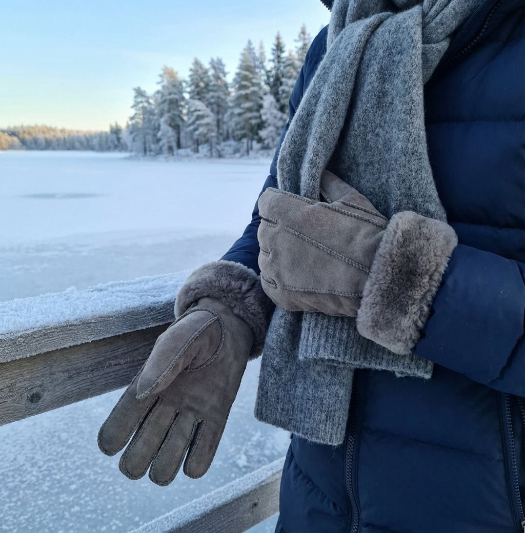 Unisex Suede Leather Shearling Wool Lined Thermal Gloves
