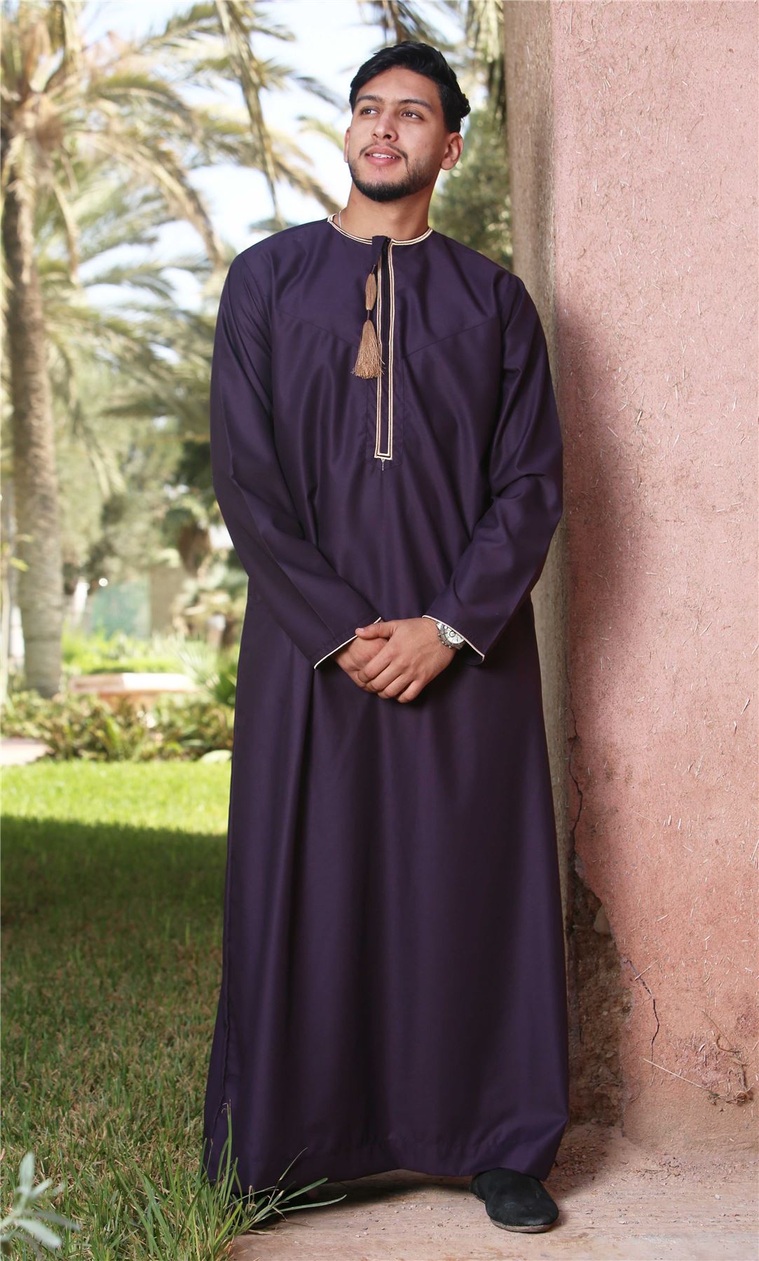 Men's Thobe Emirati Omani Jubba Islamic Clothing Muslim Kaftan Eid Robe Arab Gold Tassel Embroidery