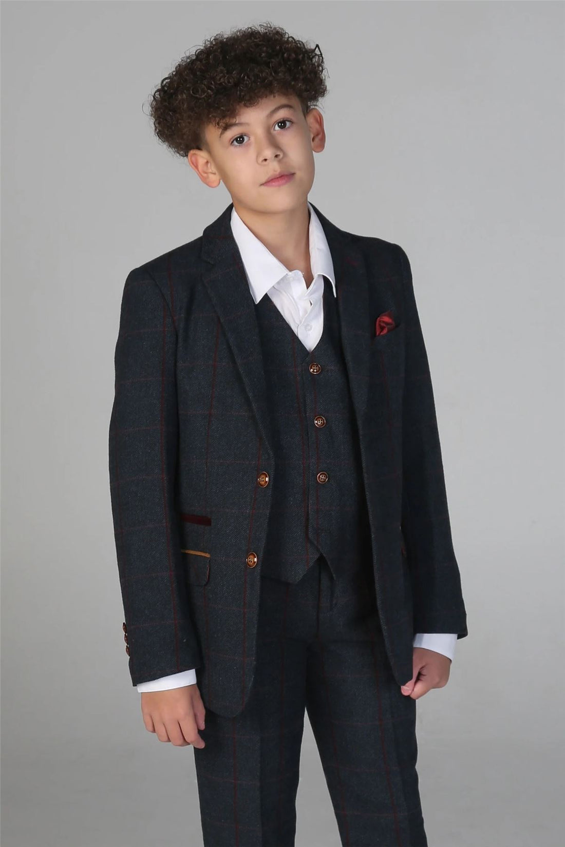 Boys 3 Piece Navy Tweed Check Suit