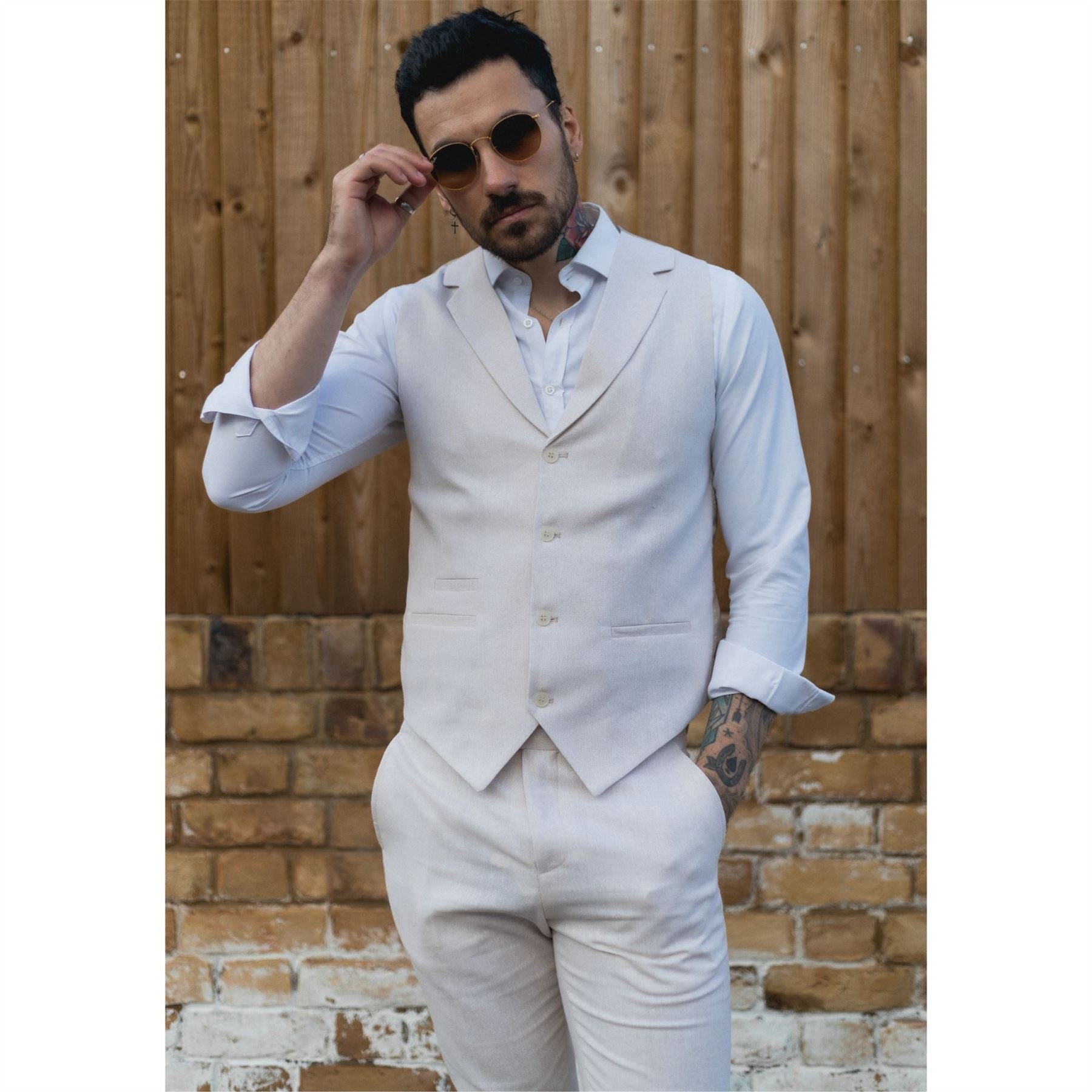 Mens Summer Suit Waistcoat Trousers Linen Smart Formal Cream Beige Wedding