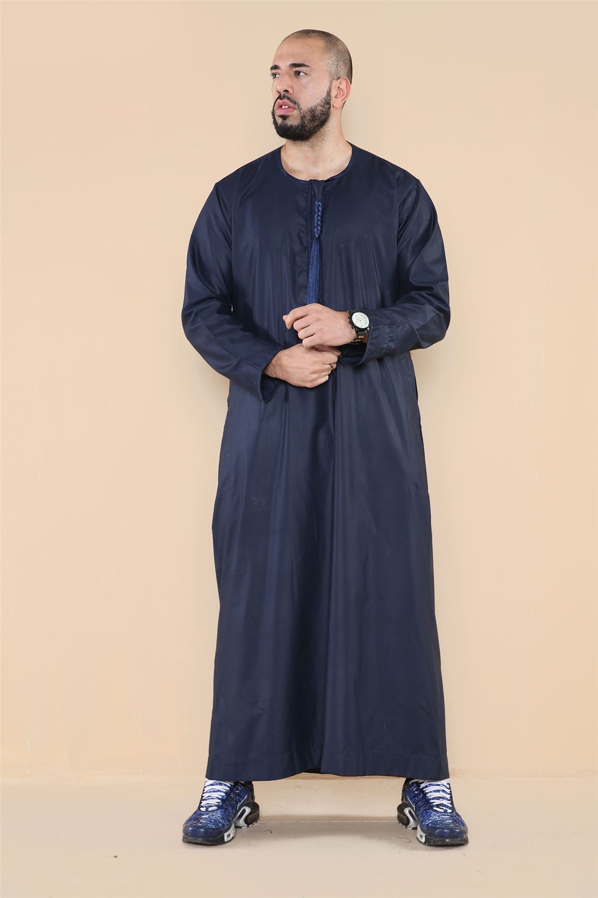 Mens Thobe Jubba Islamic Clothing Muslim Kaftan Emirati Omani Robe Arab Tassel