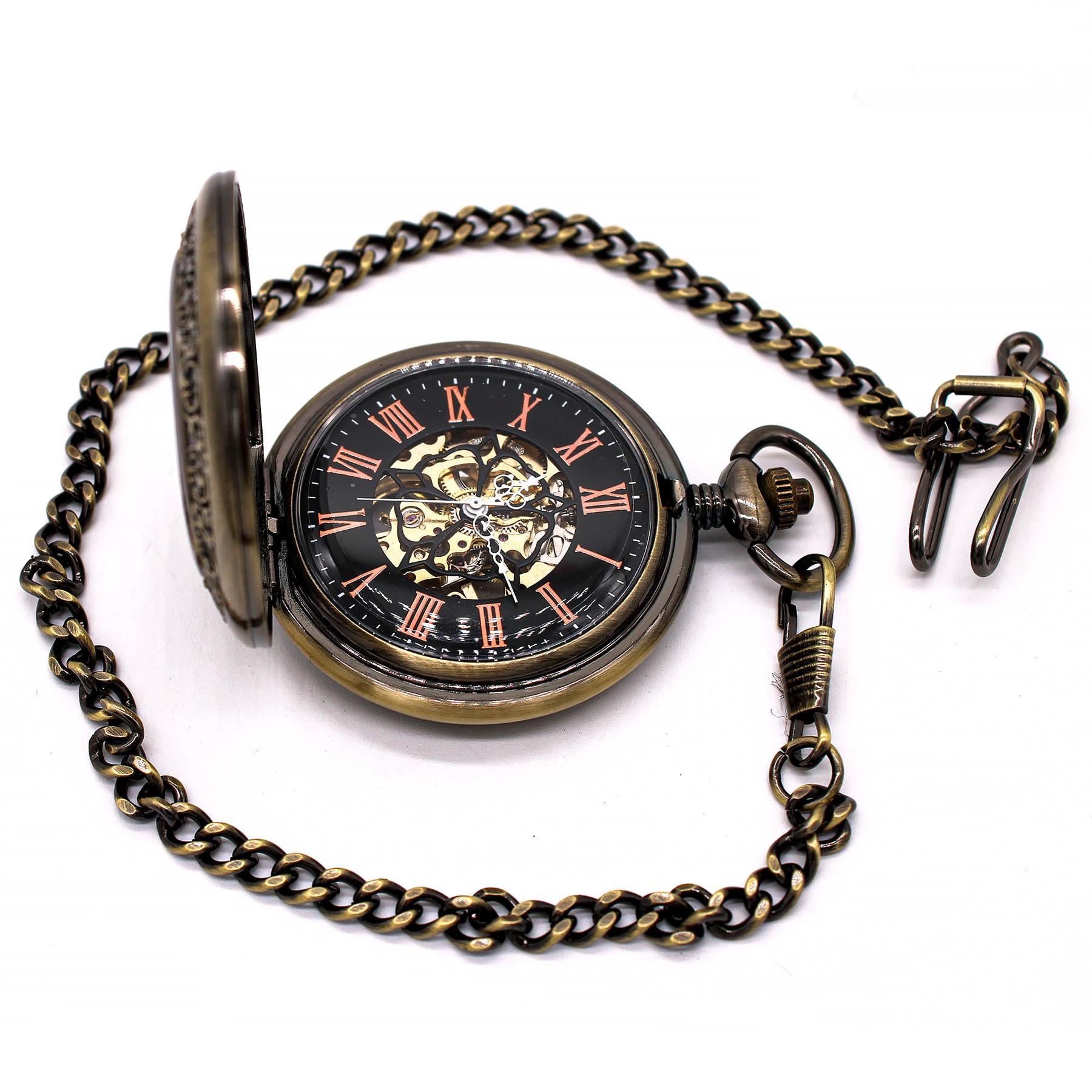Mechanical Skeleton Half Hunter Vintage Wooden Pocket Watch