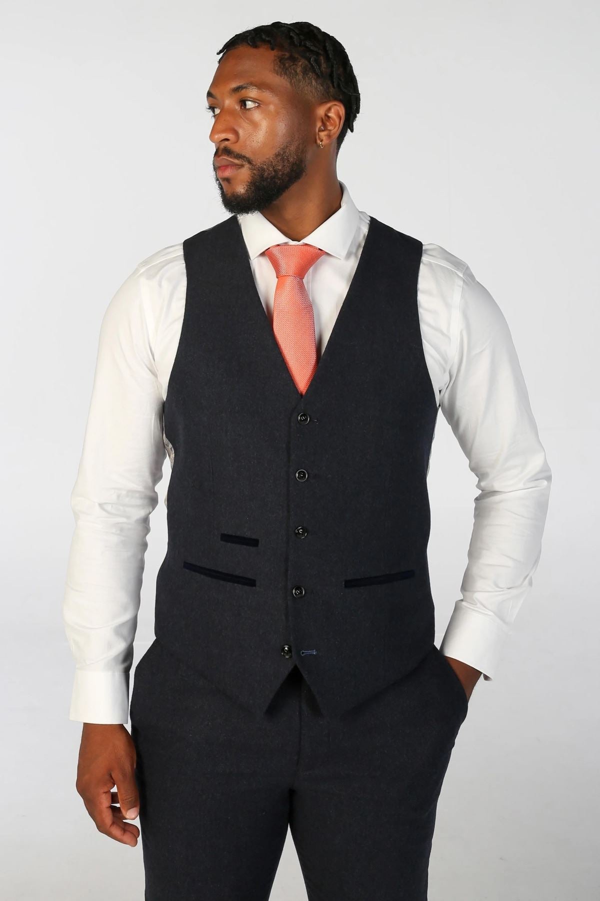 Men's Suit 3 Piece Navy Blue Wool Blend Tweed Tailored Fit Formal Dress