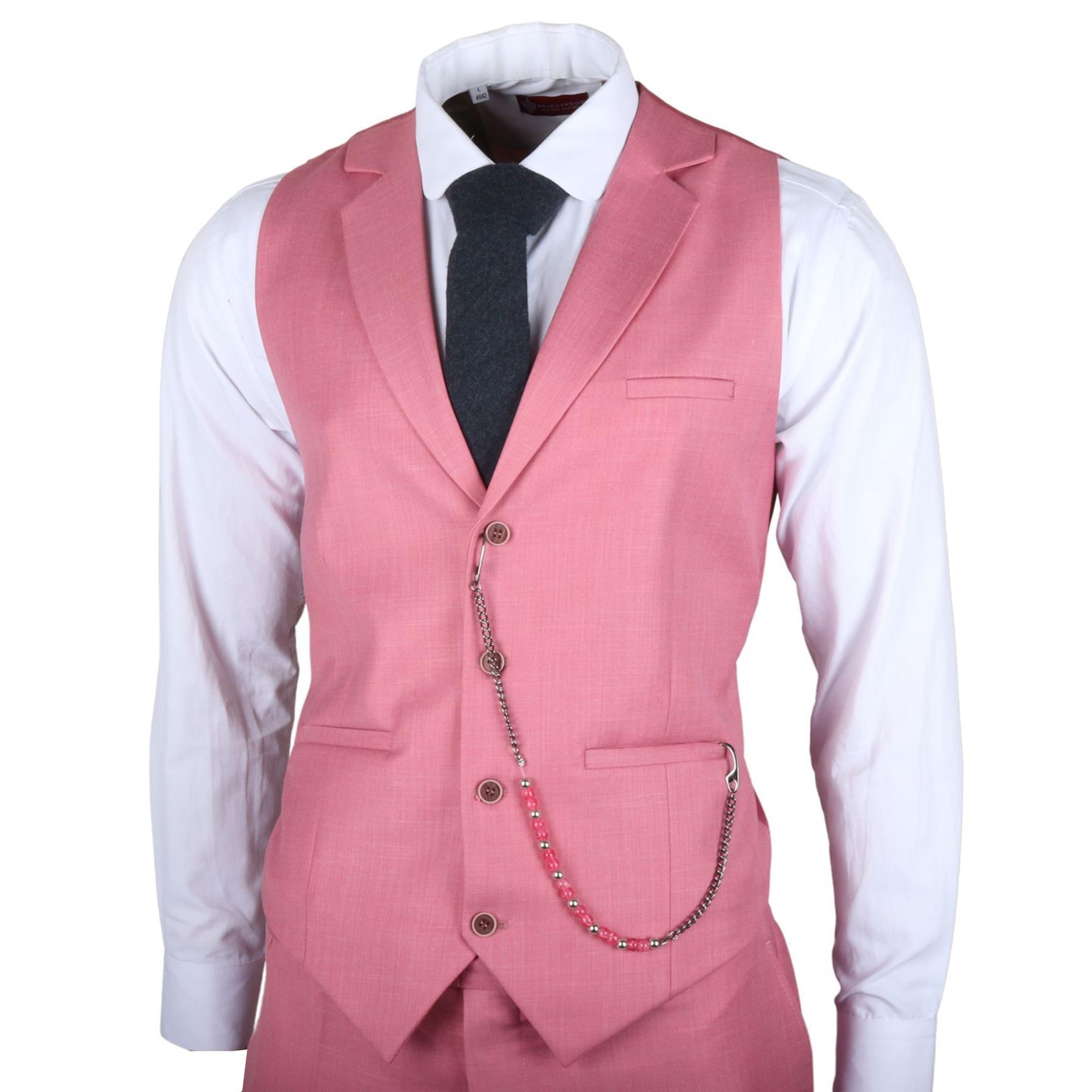 Men's Classic 3 Piece Suit Blush Pink Pocket Chain Wedding Tailored Fit Vintage Formal - Knighthood Store