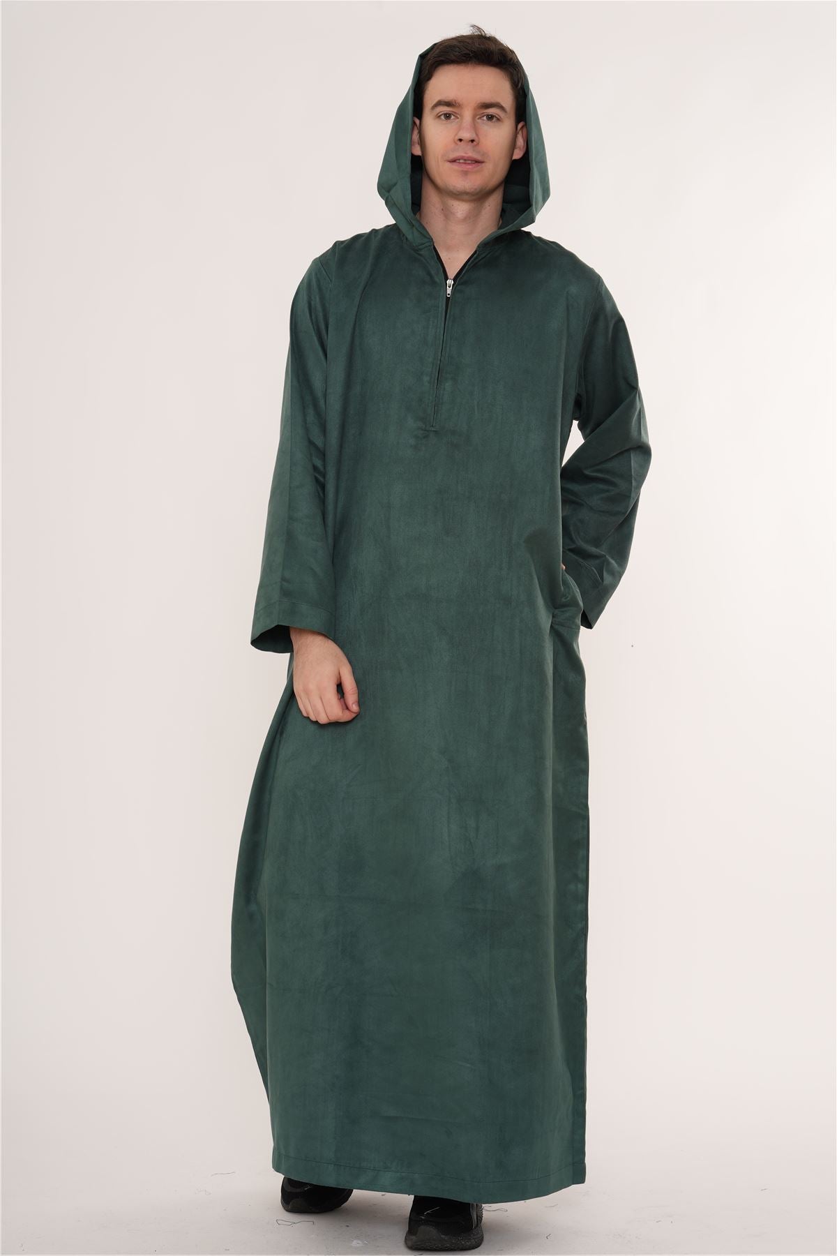 HM12 - Men's Hooded Suede Thobe Emirati Omani Zipped Thobe