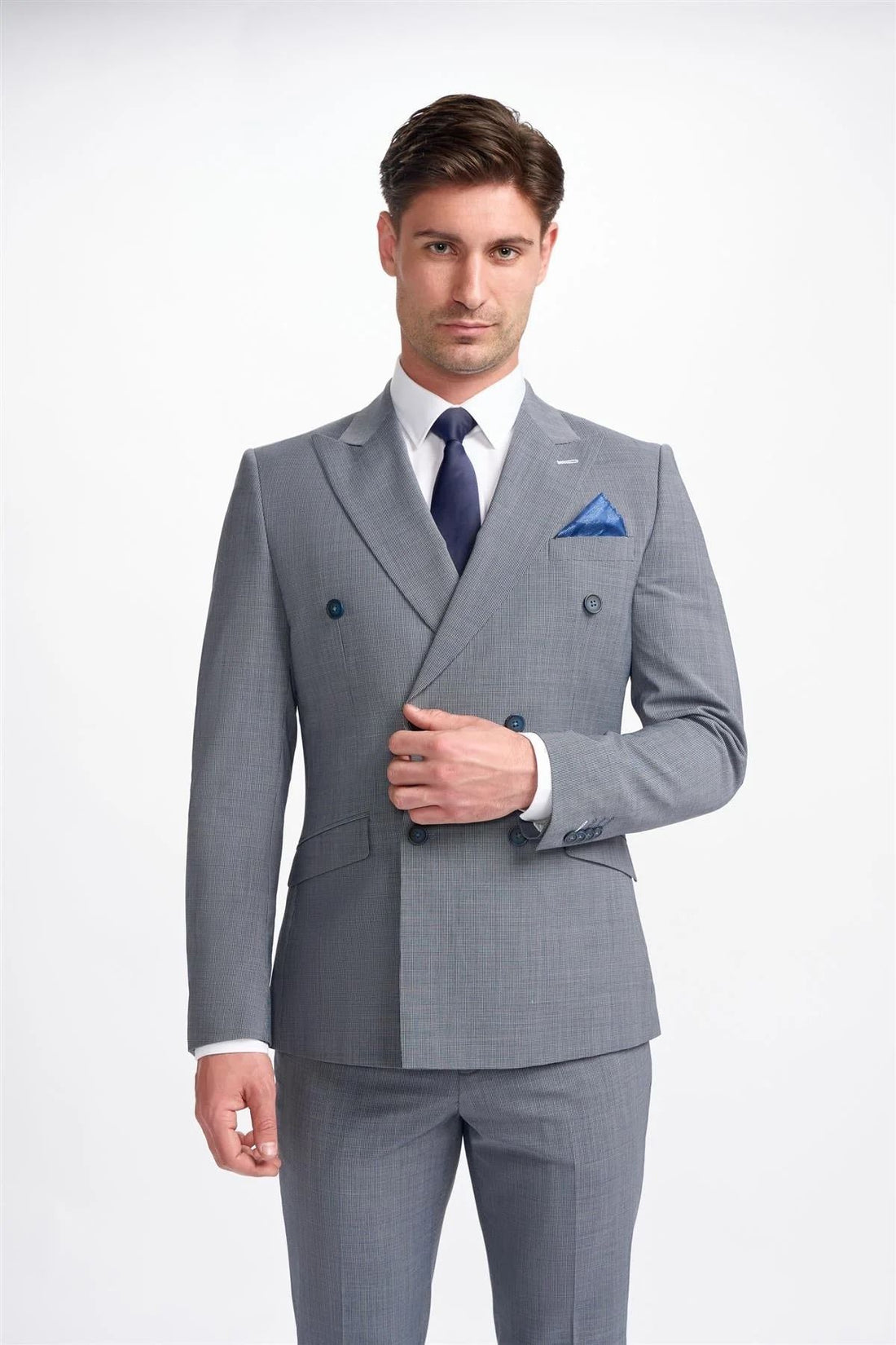 Men's Suit Grey 2 Piece Double Breasted Tailored Fit Formal Wedding Dress