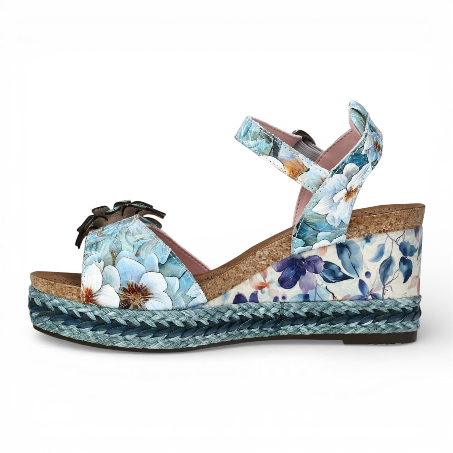 Facyo 75 - Women's Blue Floral Leather Wedge Sandals