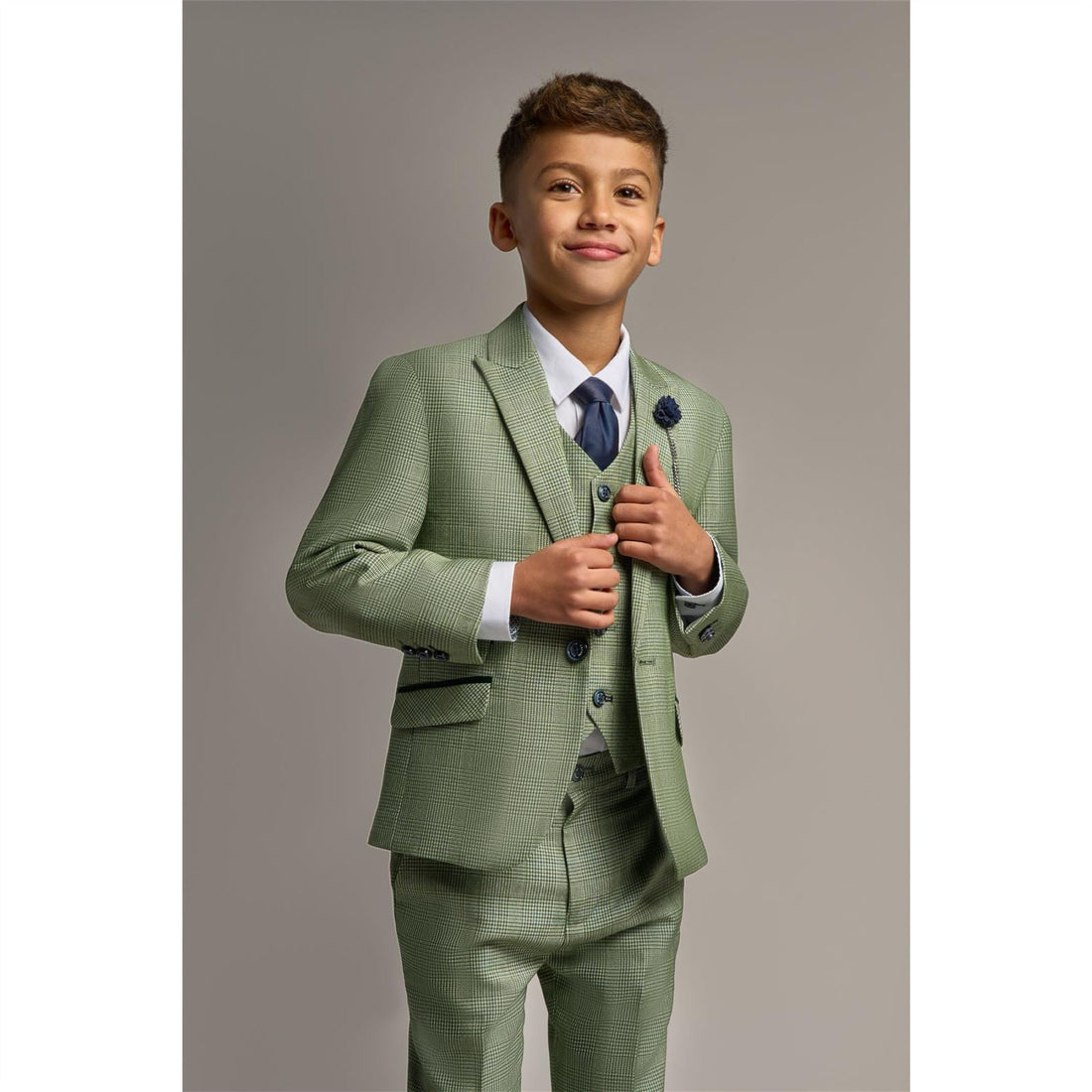 Boys 3 Piece Sage Green Check Suit Tweed Tailored Fit Wedding
