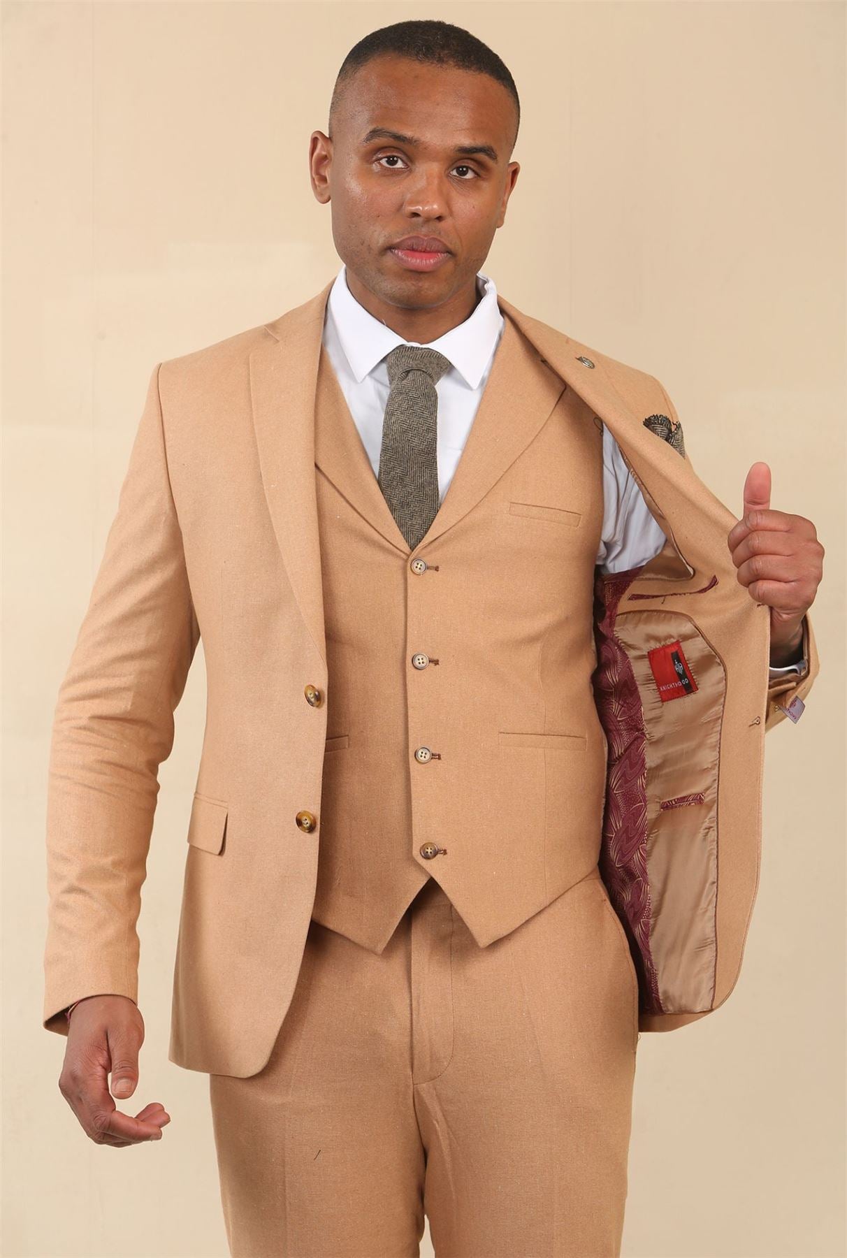 TP-23 - Men's Camel 3 Piece Linen Summer Wedding Suit