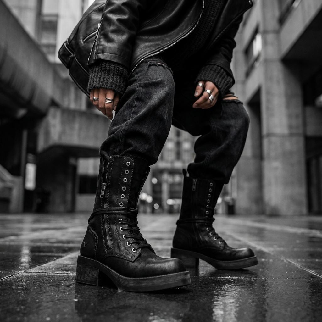 Gather - Women's Black Suede Mid-Calf Lace-Up Combat Boots
