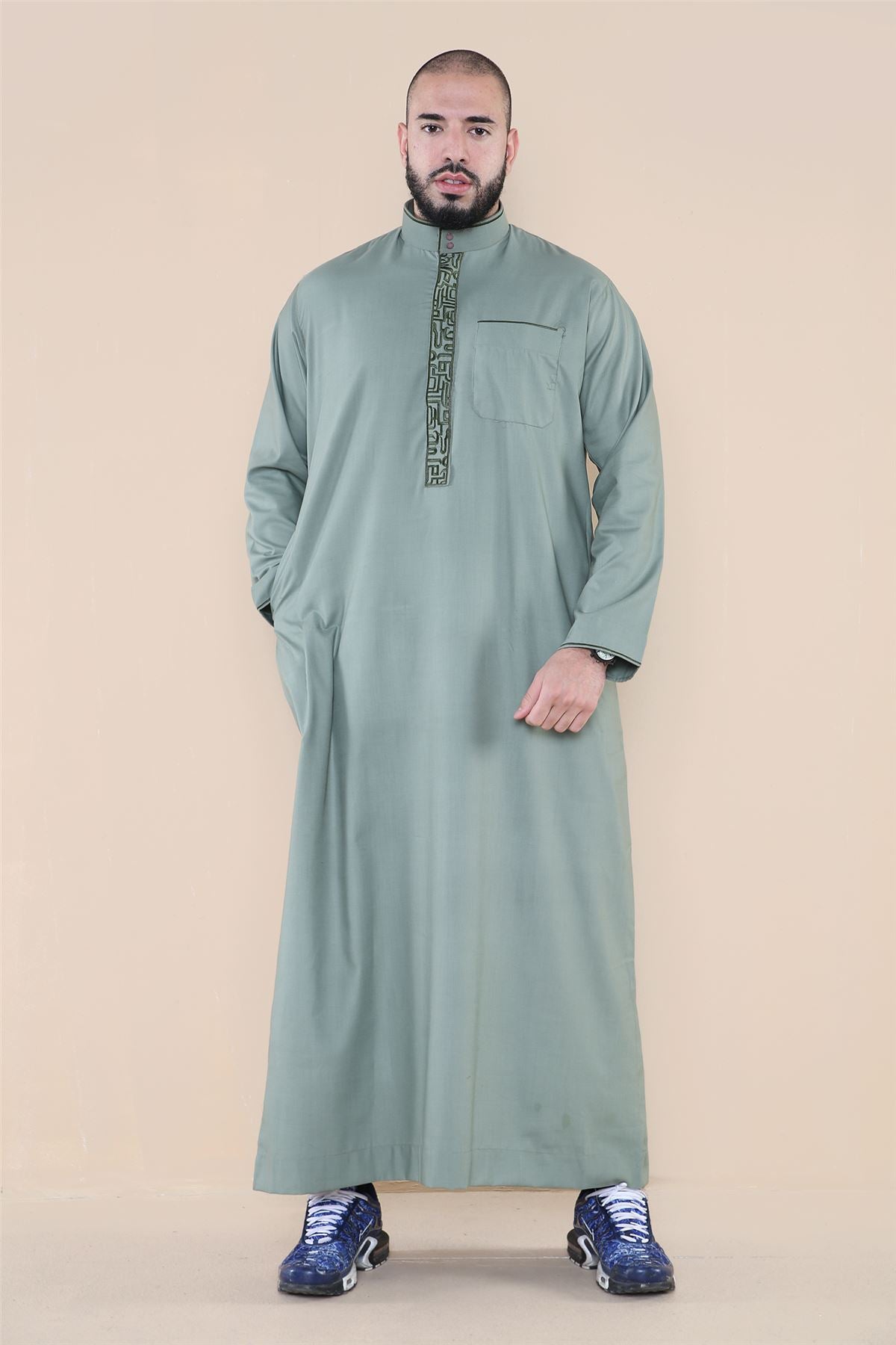 Mens Thobe Jubba Nehru Stand Collar Islamic Clothing Muslim Cotton Kaftan Embroidery Eid Robe Saudi