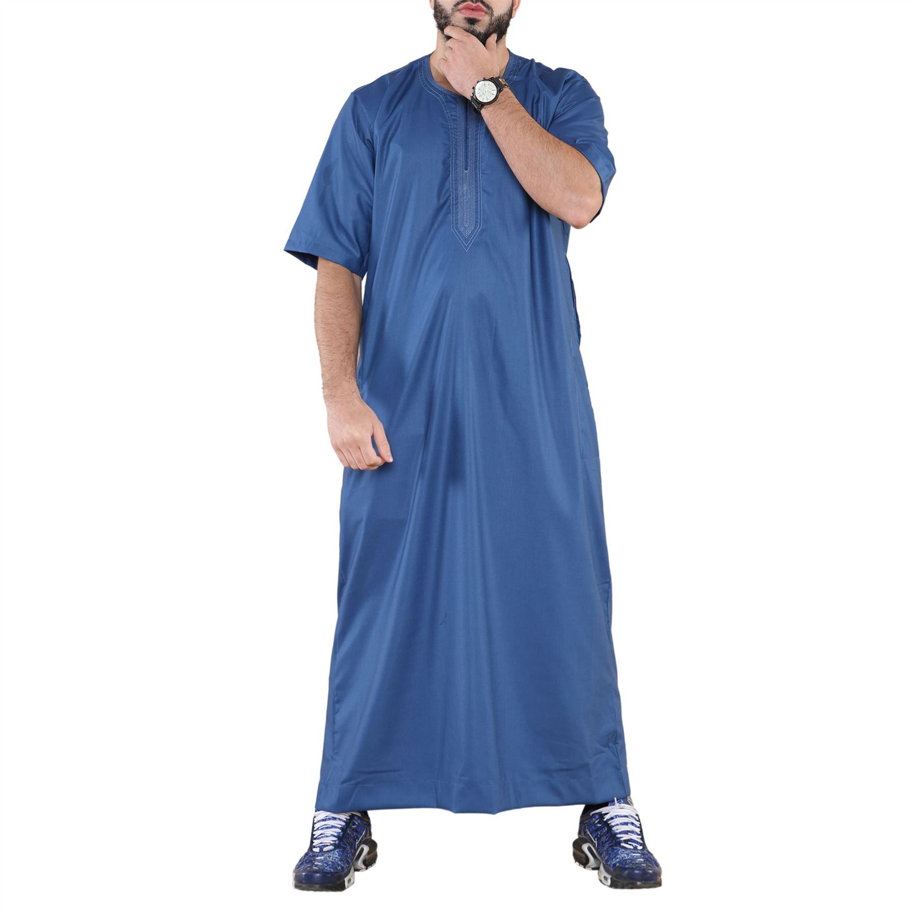 Mens Thobe Jubba Islamic Clothing Kaftan Half Sleeve Robe Moroccan Arab Zipped