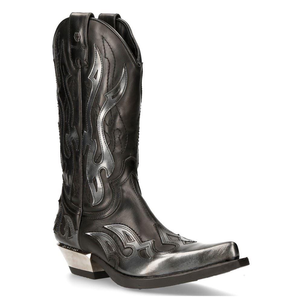 New Rock M-7921-S3 Silver Flame Boots Black Leather Heavy Biker Western Cowboy - Knighthood Store