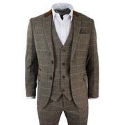 Mens Check Vintage Herringbone Tweed Tan Brown 3 Piece Suit Slim Fit Wedding