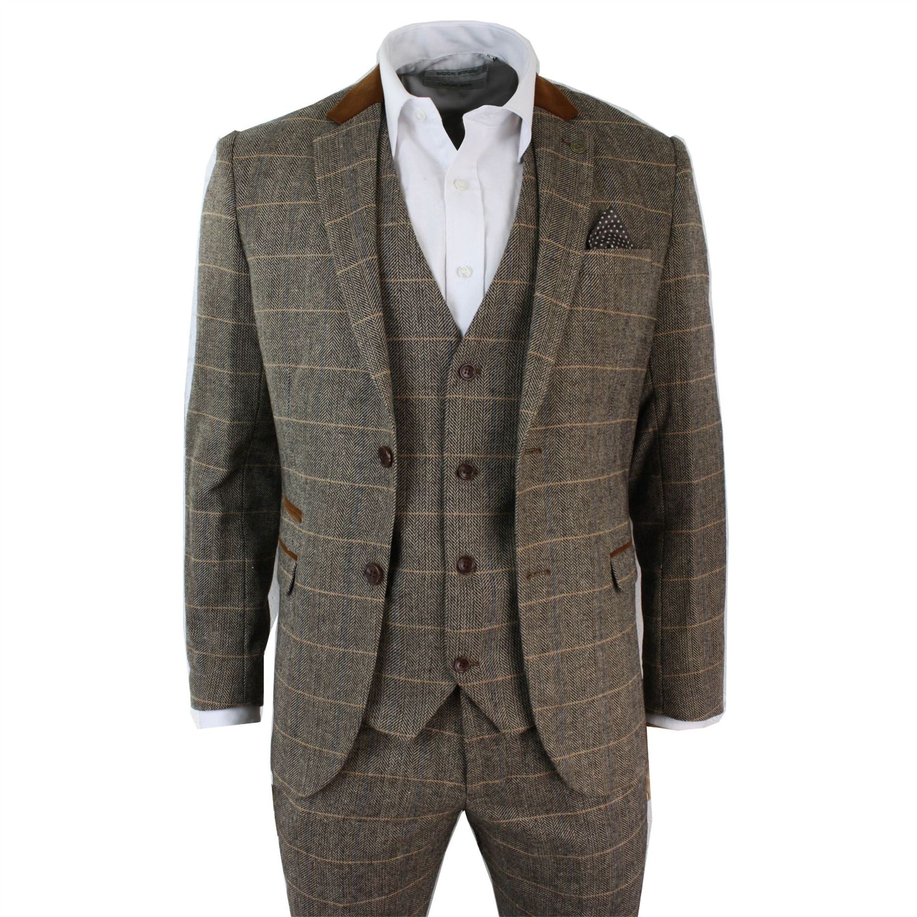 Mens Check Vintage Herringbone Tweed Tan Brown 3 Piece Suit Slim Fit Wedding