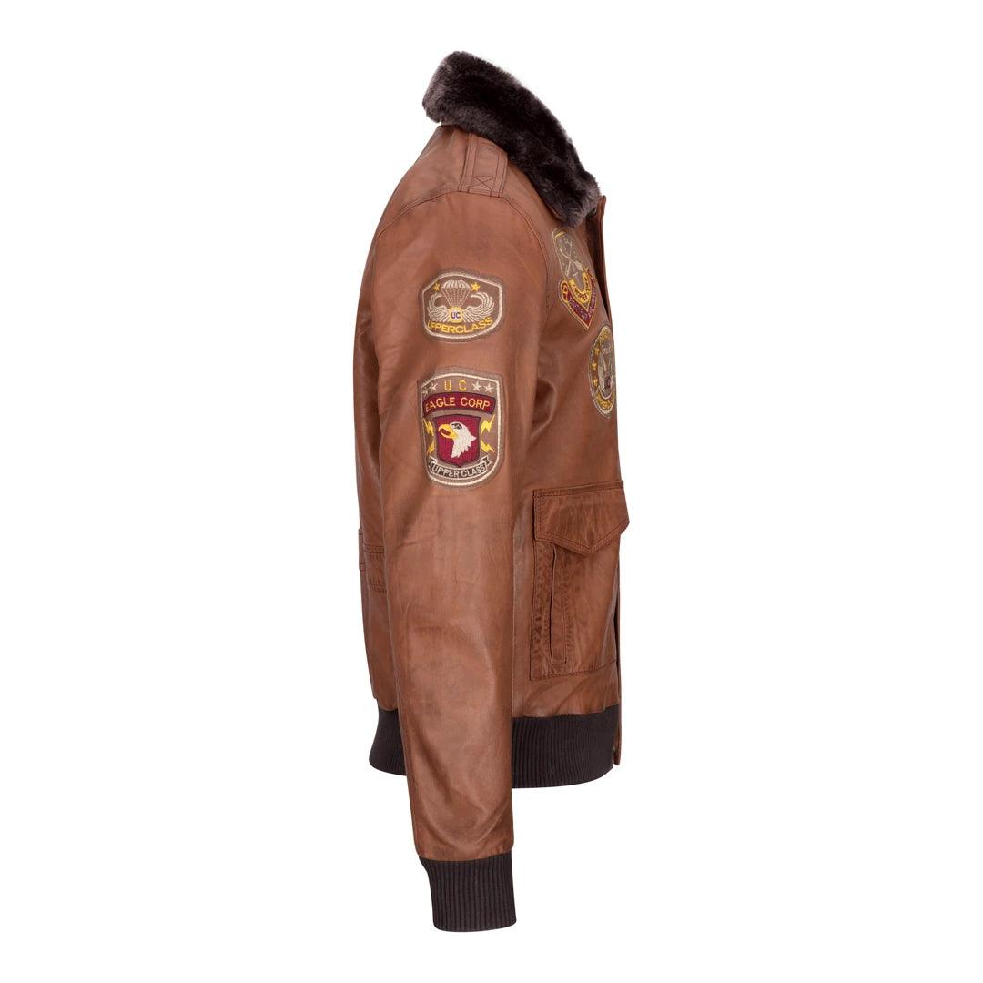 Mens Aviator Flying Pilot Bomber Jacket Vintage Tan Removable Black Fur Collar - Knighthood Store