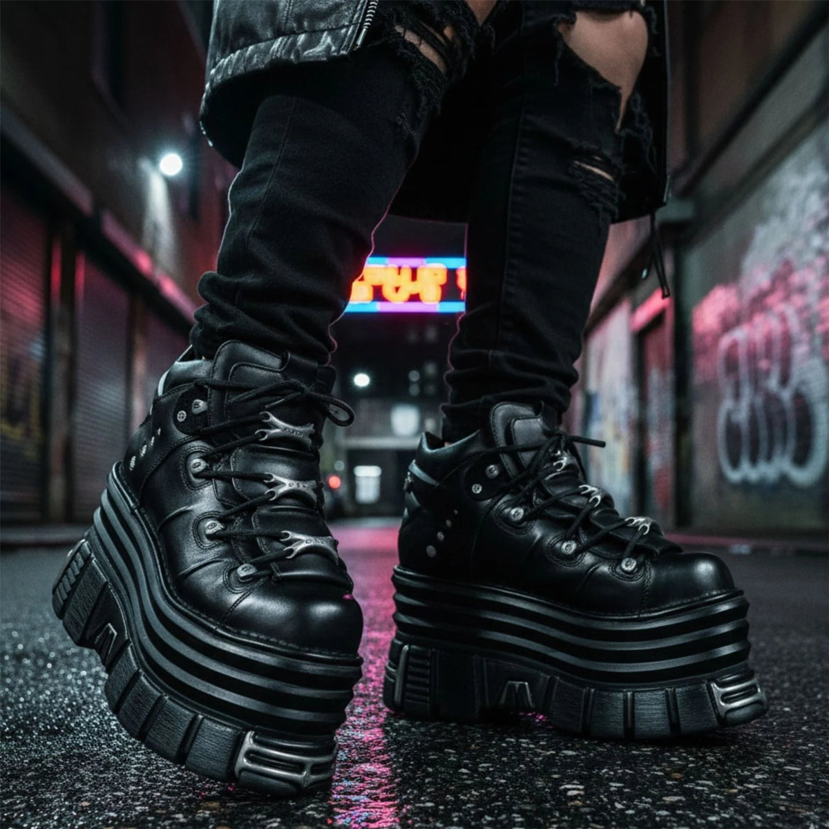 Women's New Rock M-106-C181 Black Gothic Chunky Platform Ankle Boots