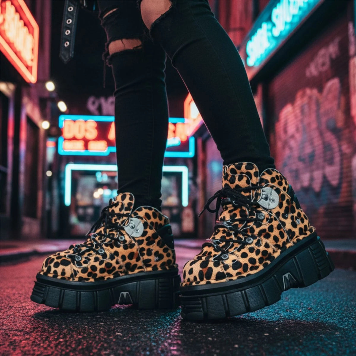 Women's New Rock M-106-C192 Leopard Brown Leather Gothic Ankle Boots