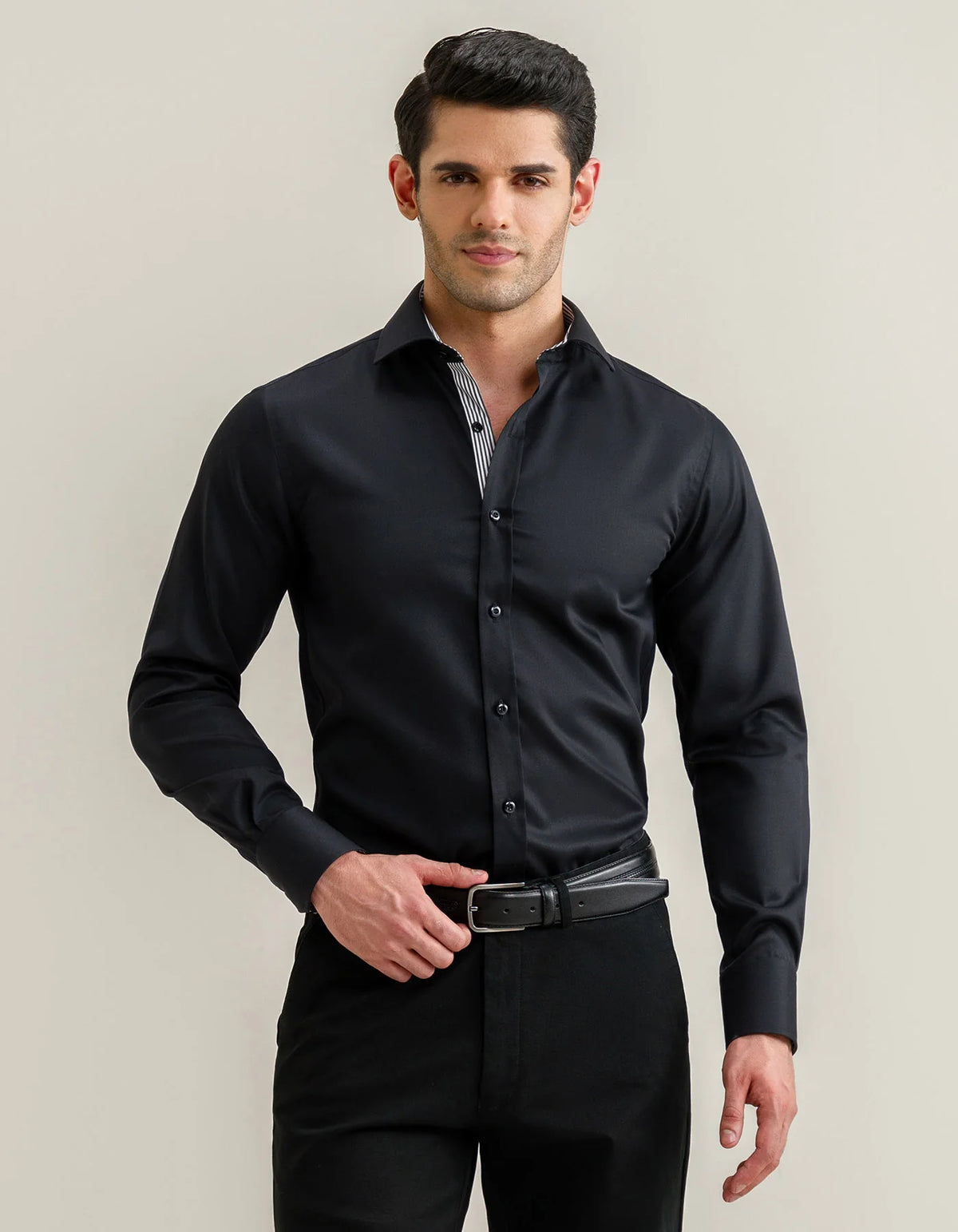 Men's Easy Care Designer Black Satin Shirt