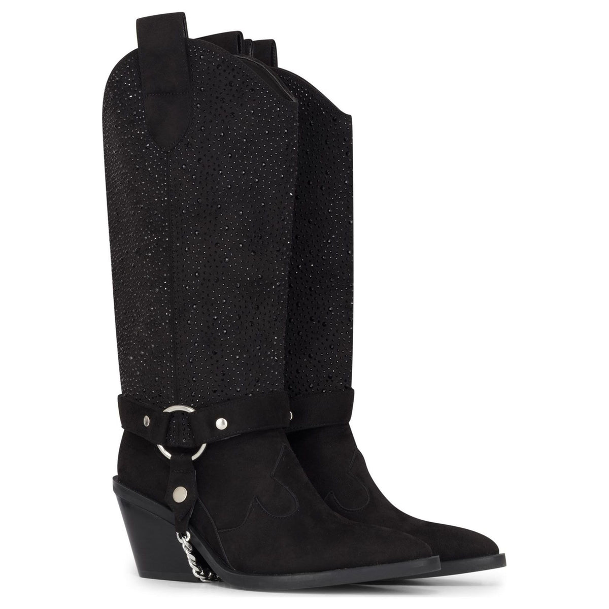 Women's Black Vegan Suede Rhinestone Western Knee-High Cowboy Boots