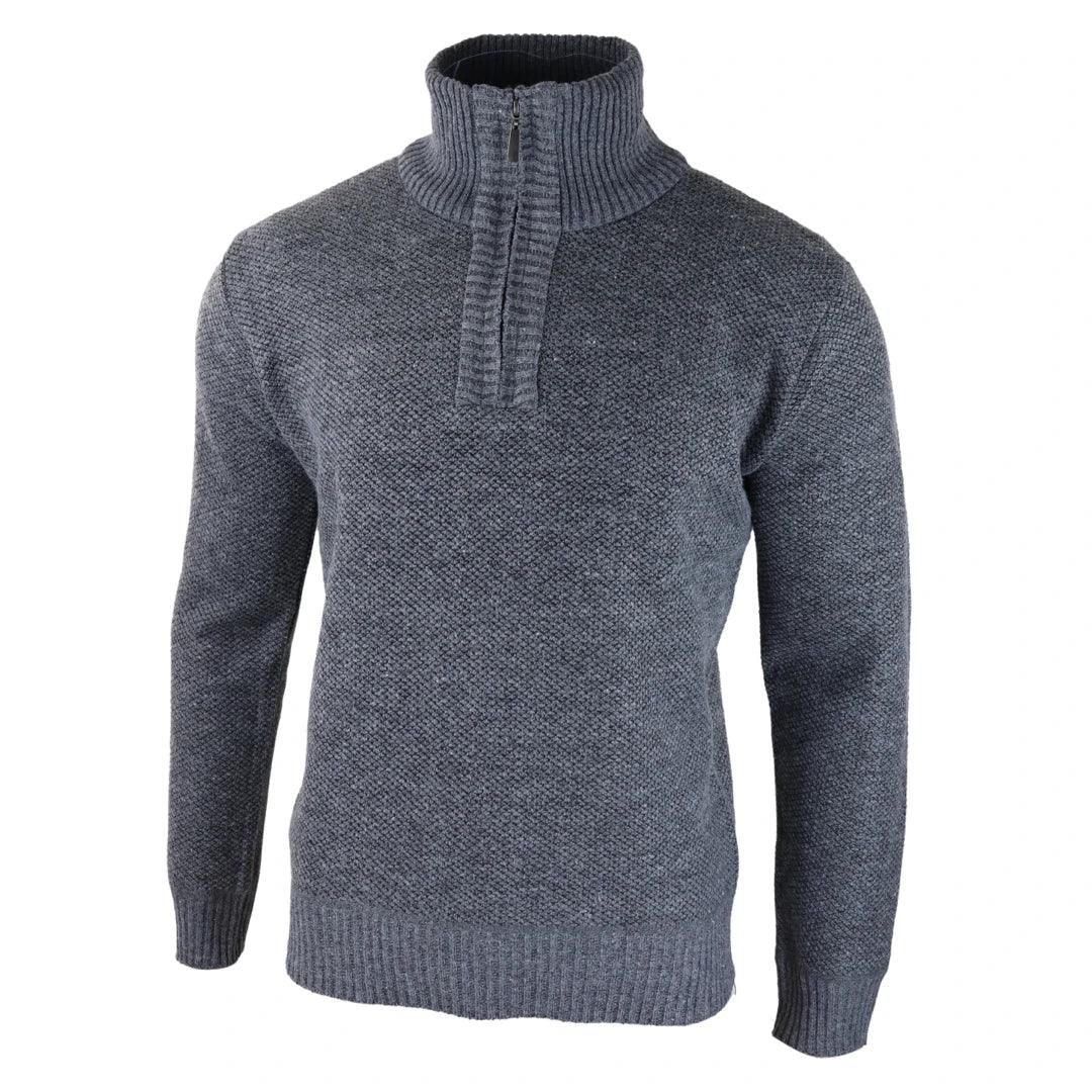 Mens Jumper Fleece Fur Lined Pullover Knitted Warm Winter Casual Half Zip - Knighthood Store