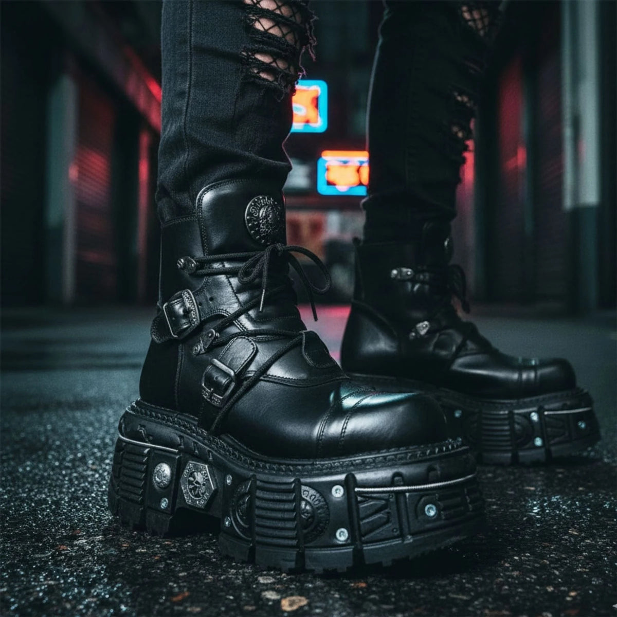 Women's New Rock M-TANK007-S1 Black Leather Platform Ankle Boots