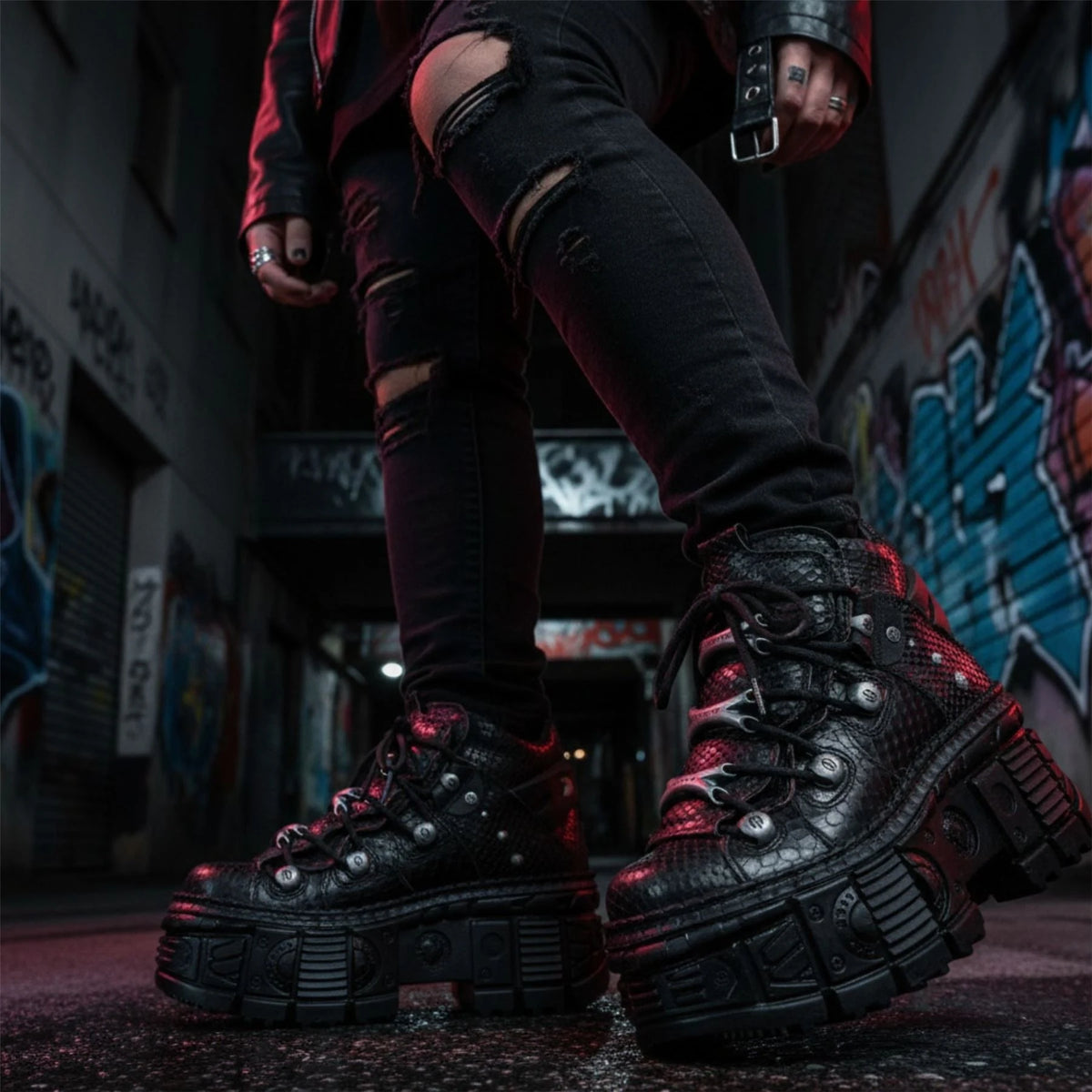 Women's New Rock M-106WALL-C65 Black Leather Platform Ankle Boots