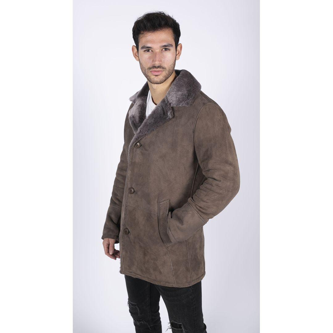 Mens Real Sheepskin Coat Beige Vintage Classic 3/4 Jacket Button Down V Neck - Knighthood Store