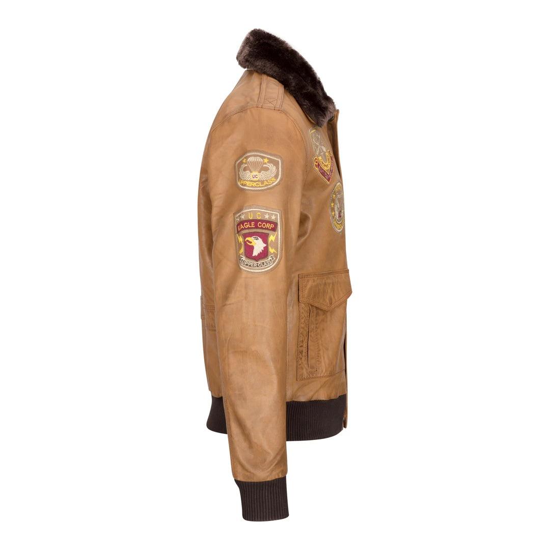 Mens Aviator Flying Pilot Bomber Jacket Vintage Tan Removable Black Fur Collar - Knighthood Store