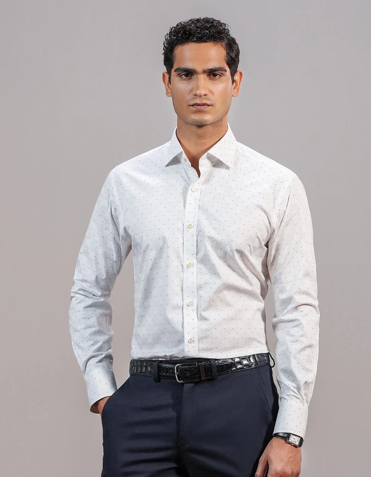 Men's White Self Paisley & Red Micro Dot Formal Shirt