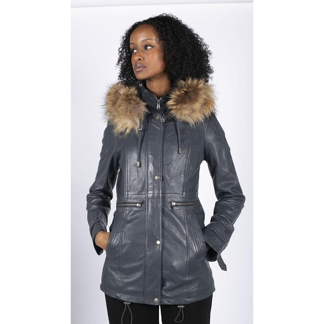 Womens Real Leather Parka Coat 3/4 Removable Hood Fur Button Cover Zipped - Knighthood Store