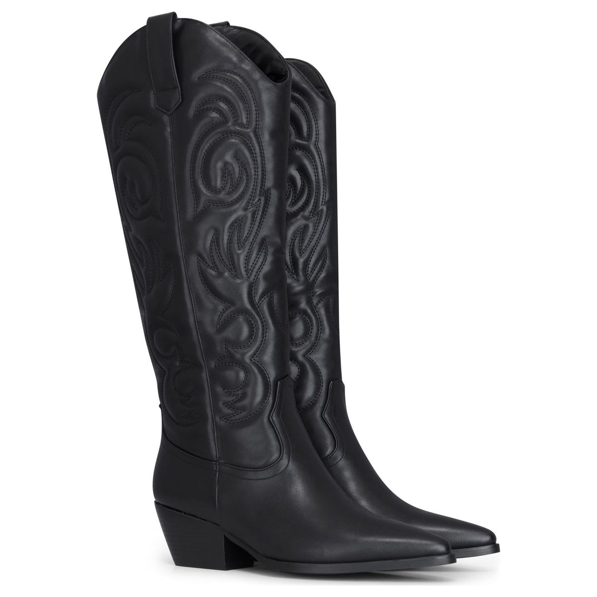 Women's Black Vegan Leather Embossed Stitching Western Cowboy Boots
